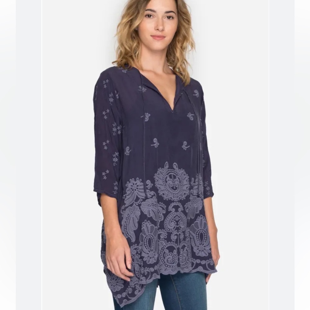 Johnny Was Embroidered 3/4 Sleeve V Neck Tunic Top